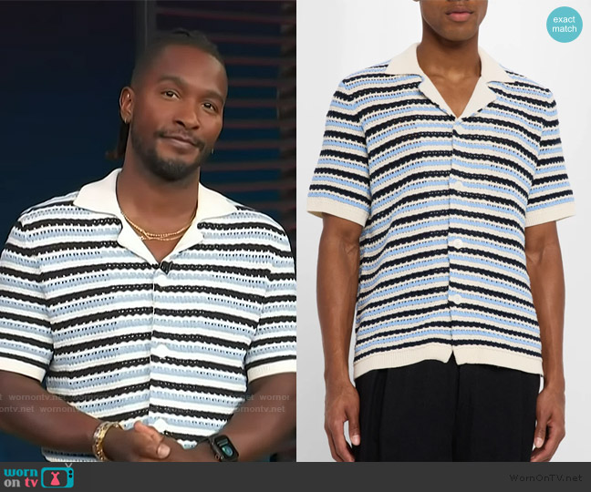 NN07 Henry Striped Knit Camp Shirt worn by Scott Evans on Access Hollywood