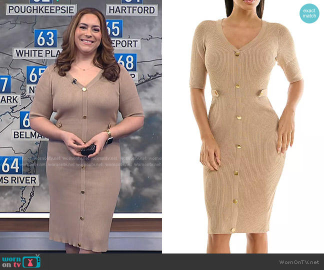 Nina Leonard Sweater Knit Button Dress in Tan worn by Violeta Yas on NBC News Daily
