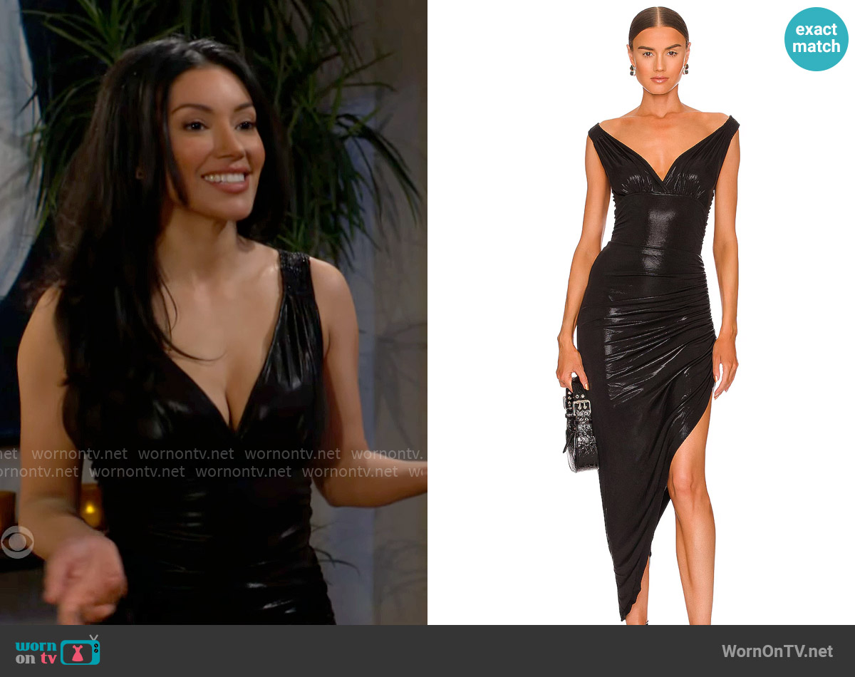 Norma Kamali Tara Side Drape Gown in Black Lame worn by Audra Charles (Zuleyka Silver) on The Young and the Restless
