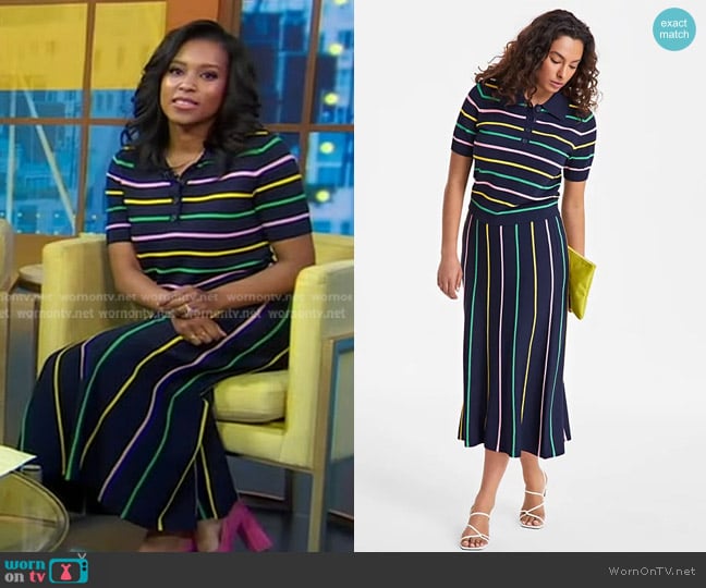 On 34th Striped Short Sleeve Polo Sweater in Intrepid Blue worn by Rachel Scott on Good Morning America