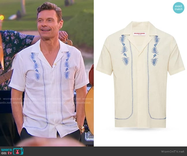 Orlebar Brown Maitan Anthinos Embroidered Shirt in White Sand worn by Ryan Seacrest on American Idol