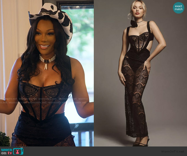 PatBO Sleeveless Sweetheart Sheer Lace Bustier Maxi Dress worn by Angela Oakley on The Real Housewives of Atlanta