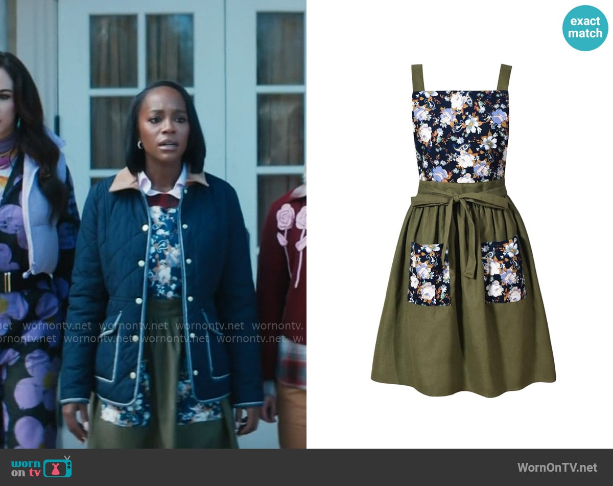 Pinknoke Pinafore Apron Dress in Olive Green worn by Catherine (Aja Naomi King) on Grosse Pointe Garden Society