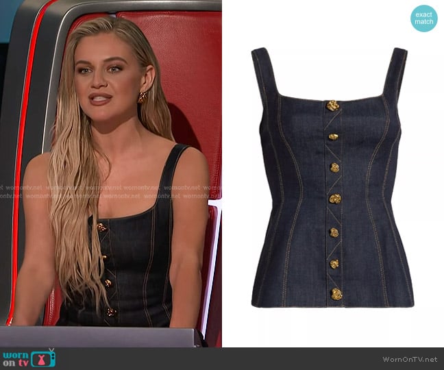 Prabal Gurung Corset Seam Denim Tank in Indigo worn by Kelsea Ballerini on The Voice