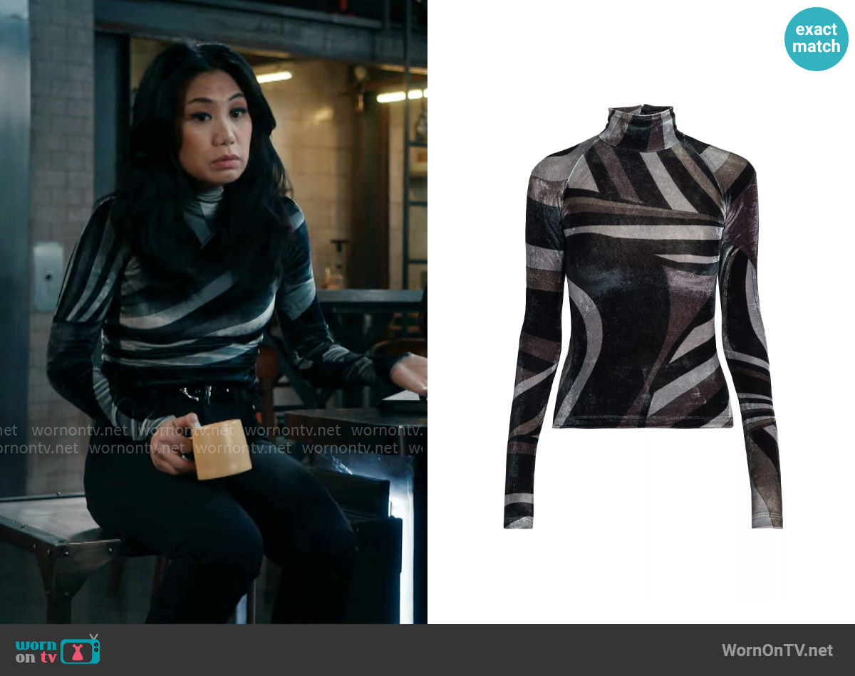Pucci Printed Velvet Turtleneck Top worn by Melody Bayani (Liza Lapira) on The Equalizer