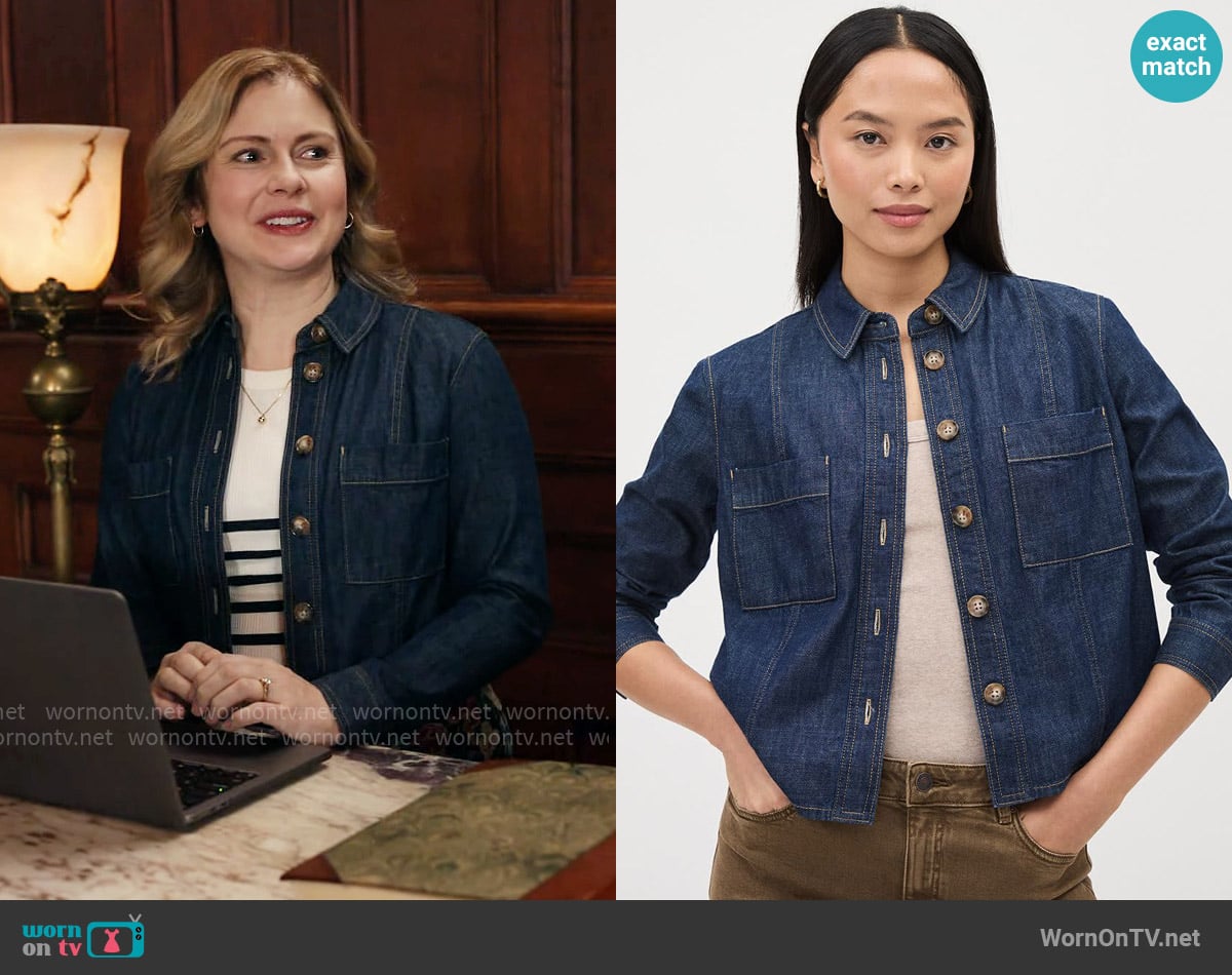RW&Co Denim Cropped Buttoned-Down Blouse worn by Sam (Rose McIver) on Ghosts