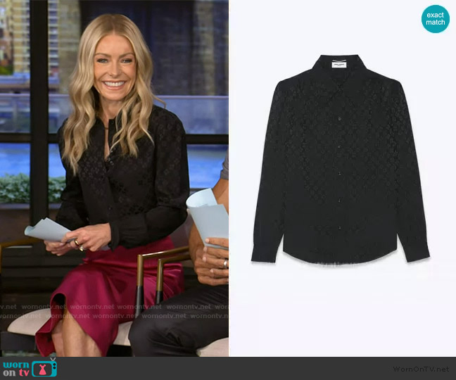 Saint Laurent Shirt in Matte and Shiny Silk worn by Kelly Ripa on Live with Kelly and Mark