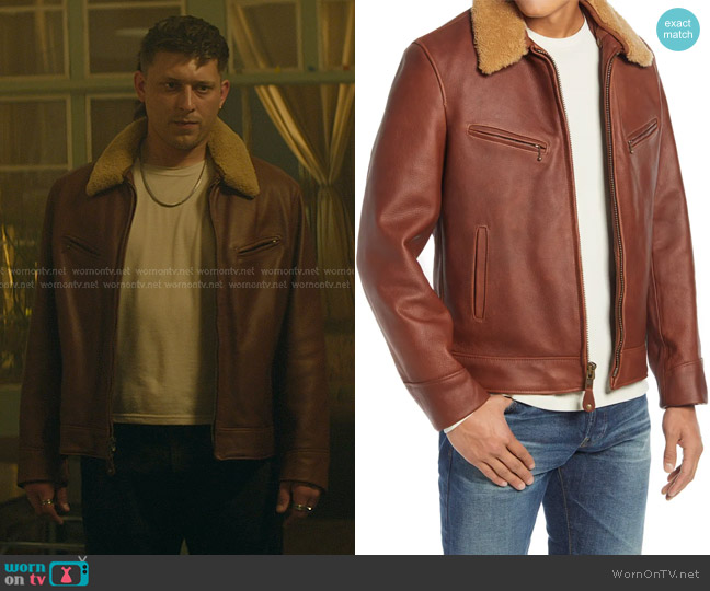Schott NYC Leather Moto Jacket with Genuine Shearling Trim in Luggage worn by Clayton (Tom Francis) on You
