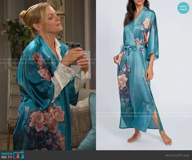 Kim + Ono Silk Keina Long Kimono Robe in Aqua worn by Belle Brady (Martha Madison) on Days of our Lives