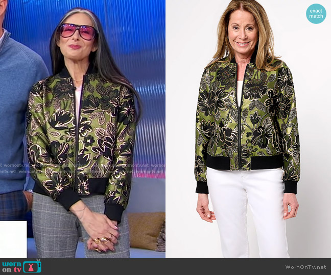 Stacy London Metallic Floral Brocade Bomber Jacket in Olive worn by Stacy London on Good Morning America