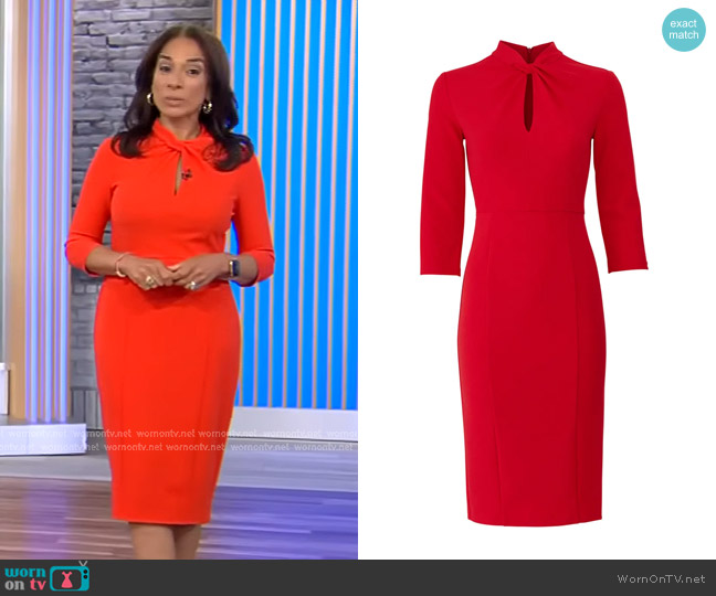 Donna Morgan Stretch Crepe 3/4 Sleeve Twisted Neckline Sheath Dress worn by Michelle Miller on CBS Evening News