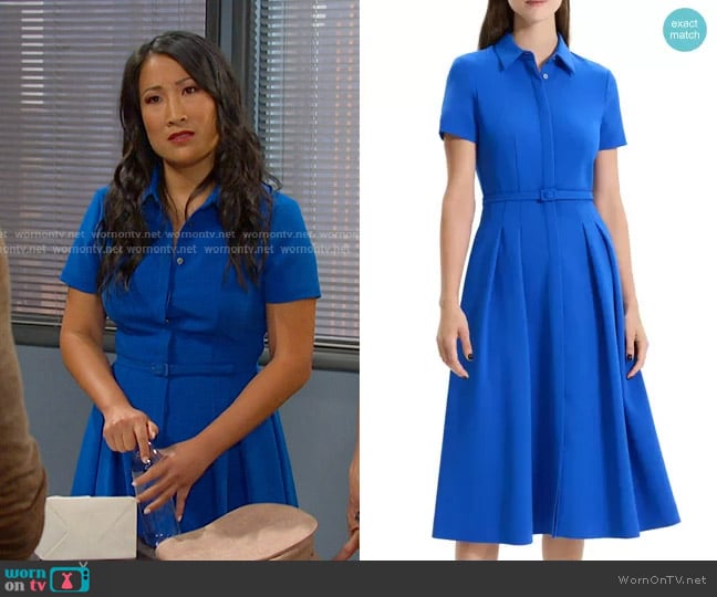 Theory Tailored Short Sleeve Shirtdress in Wave worn by Melinda Trask (Tina Huang) on Days of our Lives