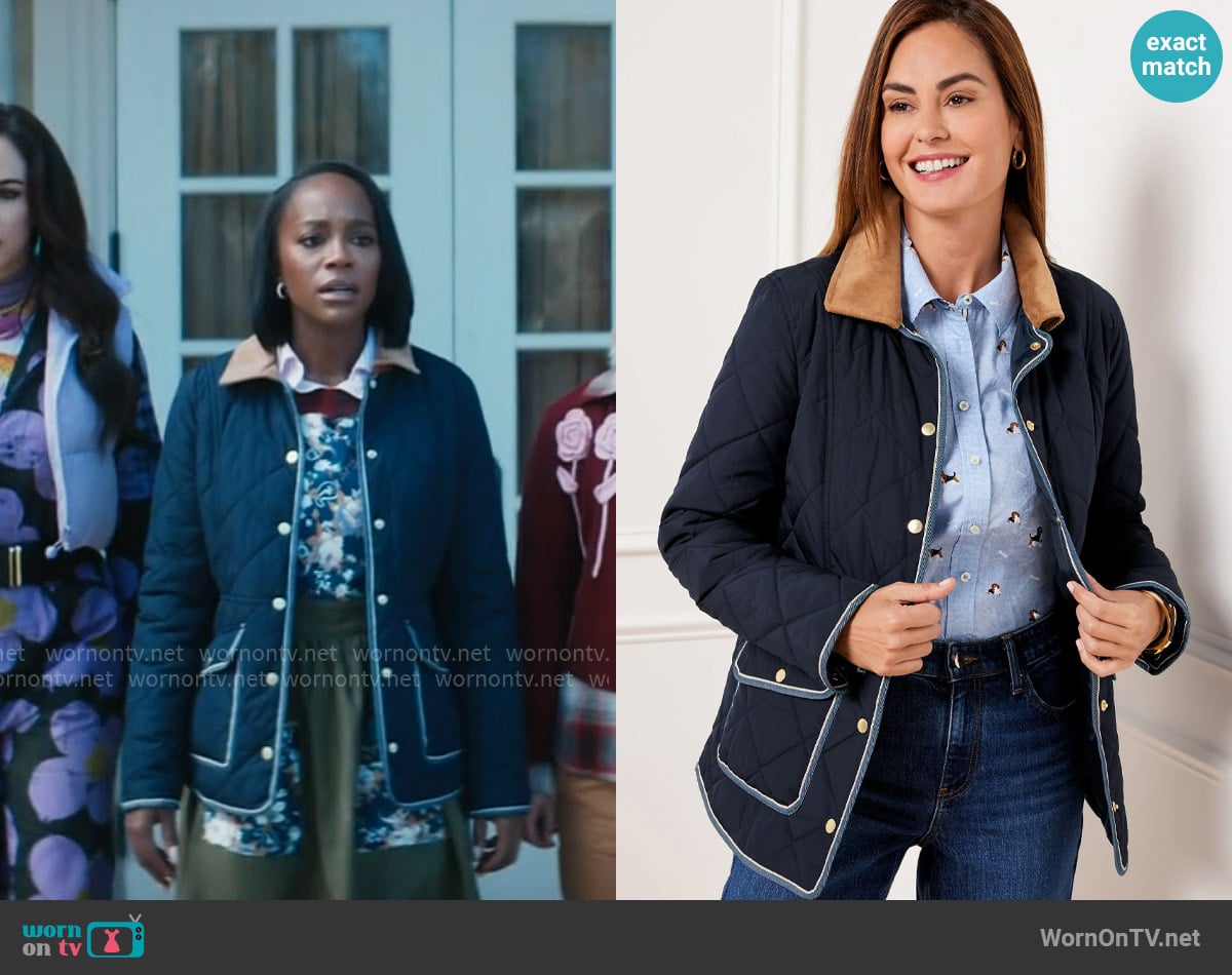 Talbots Quilted Barn Jacket in Indigo Blue worn by Catherine (Aja Naomi King) on Grosse Pointe Garden Society