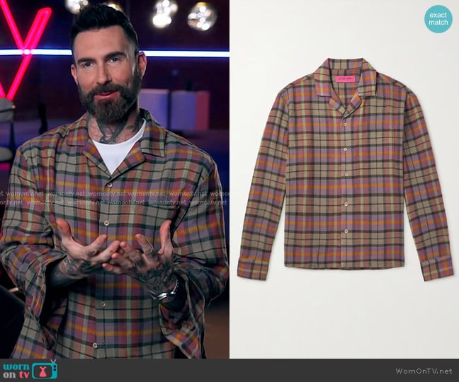 The Elder Statesman Burnout Camp-Collar Checked Wool Shirt in Purple worn by Adam Levine on The Voice