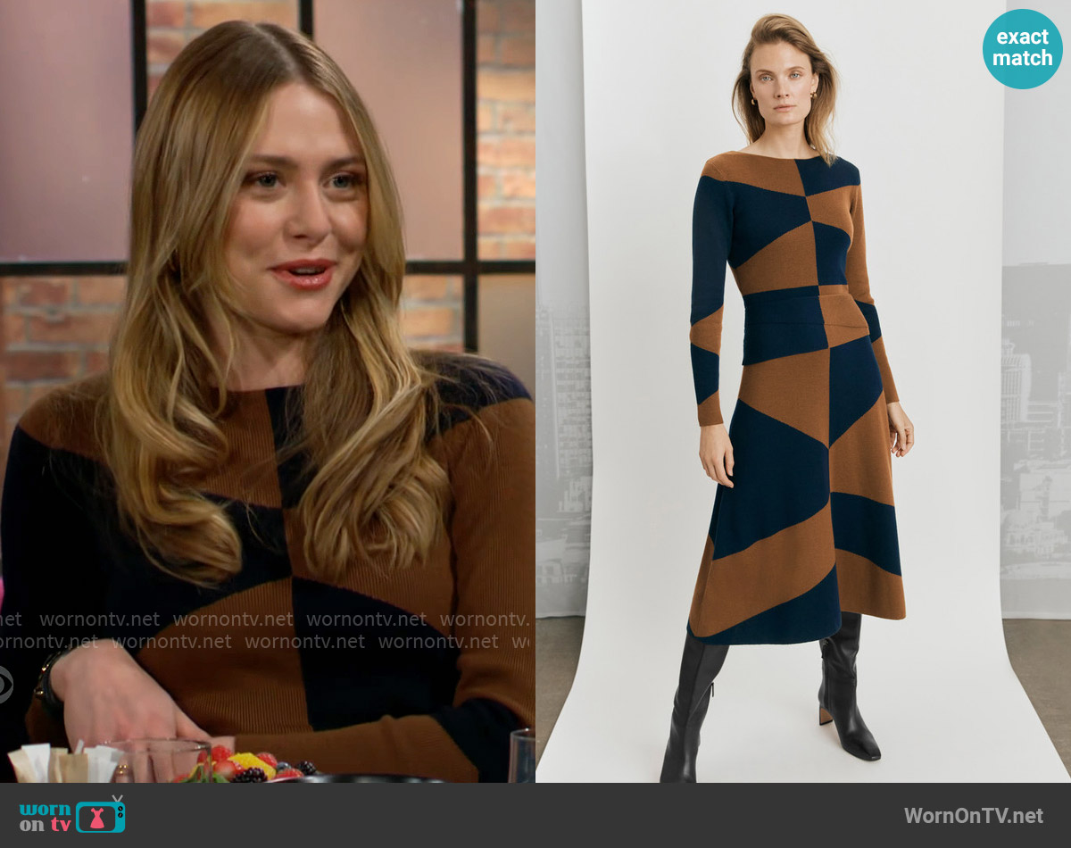 The Fold London Windermere Dress Navy And Toffee Merino worn by Claire Grace (Hayley Erin) on The Young and the Restless