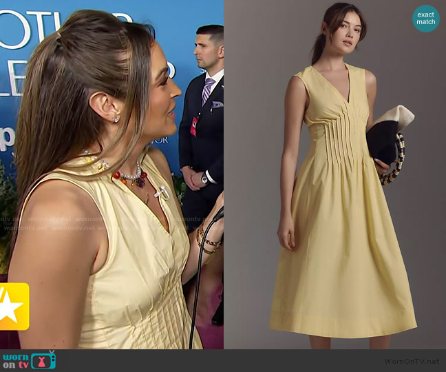 Maeve The Hailey Sleeveless V-Neck Pintuck Midi Dress worn by Emily Orozco on Access Hollywood