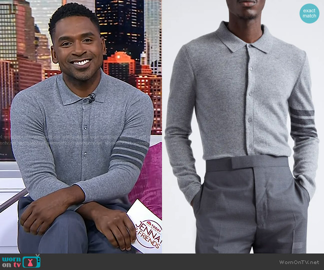 Thom Browne 4-Bar Cashmere Polo Cardigan in Light Grey worn by Justin Sylvester on Today