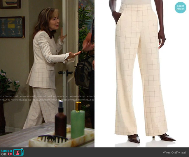 Veronica Beard Tonelli Windowpane Wide-Leg Pants in Ecru Deep Ochre worn by Kate Roberts (Lauren Koslow) on Days of our Lives