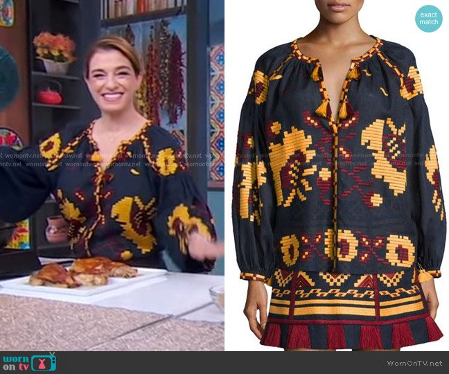 Vita Kin Long-Sleeve Embroidered Tassel-Tie Top worn by Pati Jinich on Good Morning America