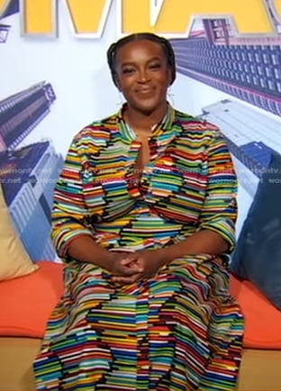 Wunmi Mosaku’s multicolor striped shirtdress on Good Morning America