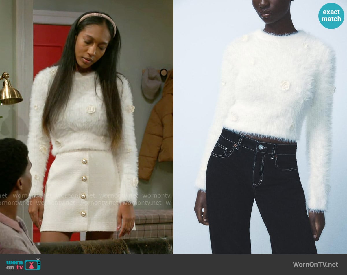 Zara Faux Fur Floral Sweater worn by Samantha Richardson (Najah Jackson) on Beyond the Gates