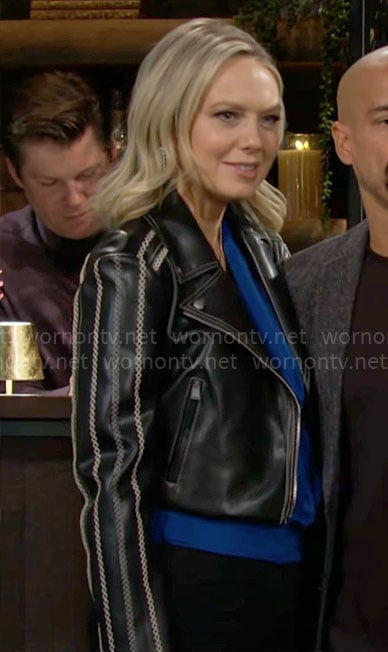 Abby’s leather jacket with embroidered sleeves on The Young and the Restless
