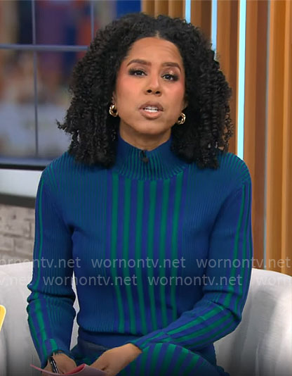 Adriana Diaz’s blue and green striped sweater and skirt set on CBS Mornings