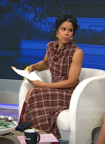 Adriana Diaz’s brown plaid cowl-neck dress on CBS Mornings
