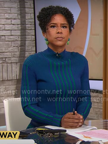 Adriana Diaz’s blue and green striped sweater and skirt set on CBS Mornings