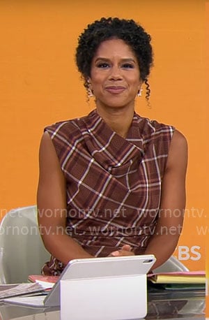 Adriana Diaz’s brown plaid cowl-neck dress on CBS Mornings
