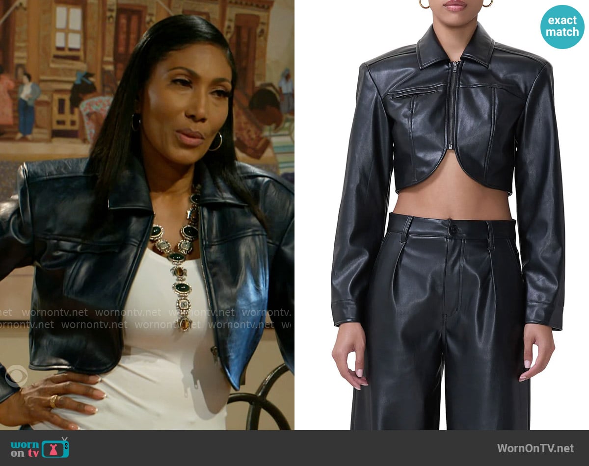 AFRM Hallie Crop Faux Leather Jacket worn by Dana 'Leslie' Thomas (Trisha Mann-Grant) on Beyond the Gates