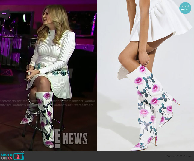 Azalea Wang Bridgie White Flroal Boot worn by Nikki Novak on E! News