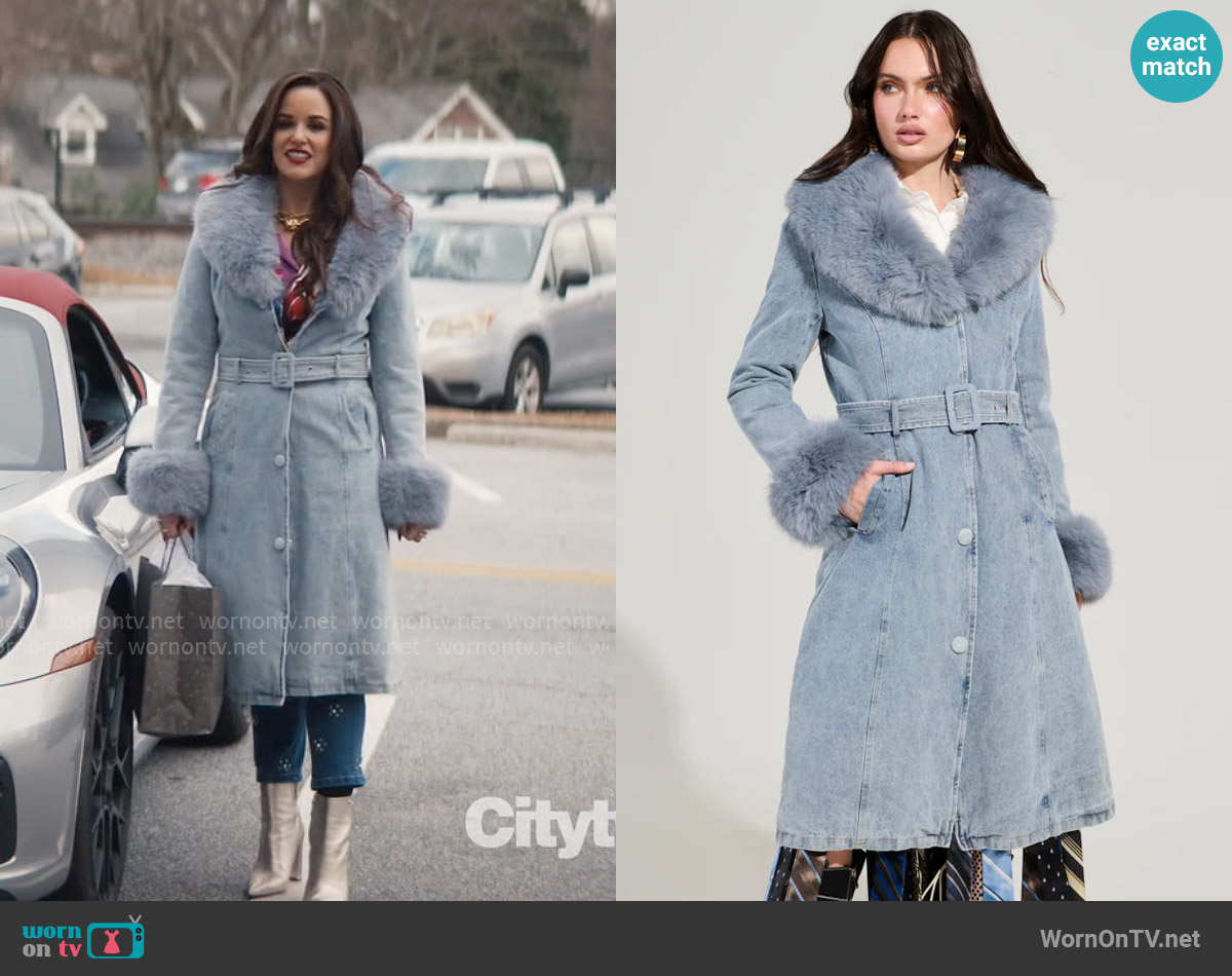 Akira Kaya Fur Trim Trench in Denim worn by Birdie (Melissa Fumero) on Grosse Pointe Garden Society