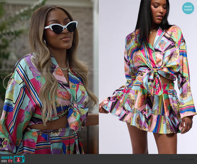 Akira Kenna Scarf Print Satin Button Down Blouse worn by Drew Sidora on The Real Housewives of Atlanta