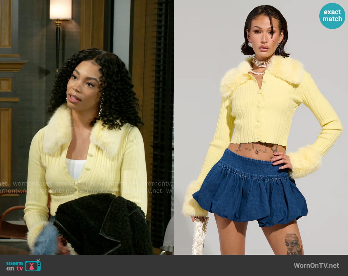 Akira Angel Eyes Fur Trim Cardigan in Yellow worn by Chelsea Hamilton (RhonniRose Mantilla) on Beyond the Gates