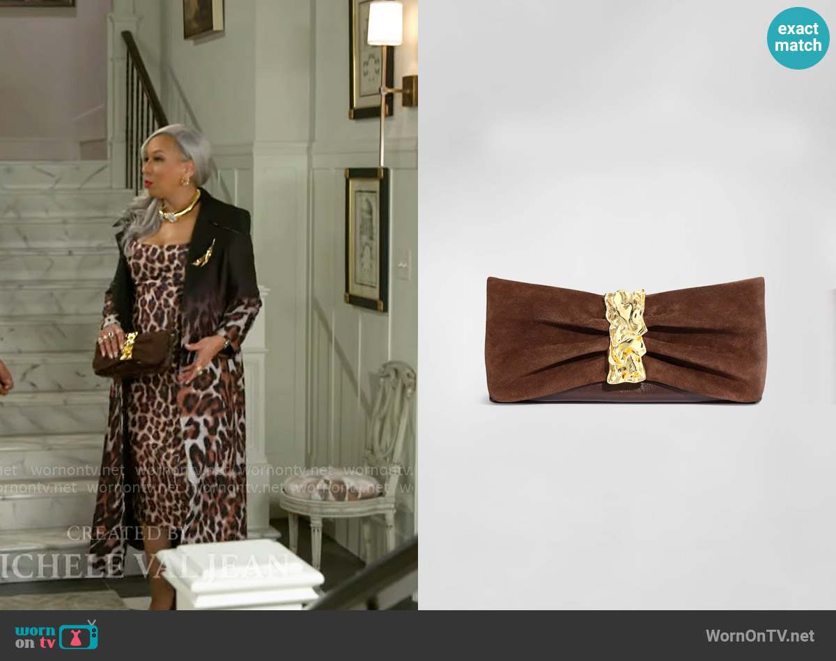 Alexis Bittar Golden Ribbon Convertible Suede Shoulder Bag worn by Anita Dupree (Tamara Tunie) on Beyond the Gates