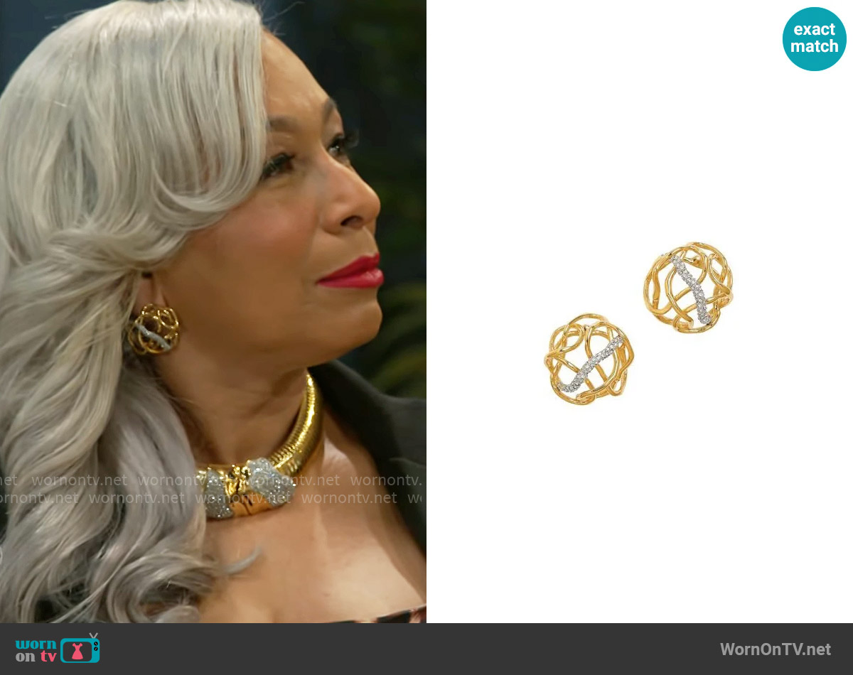 Alexis Bittar Solanales Two-Tone & Crystal Twisted Button Stud Earrings worn by Anita Dupree (Tamara Tunie) on Beyond the Gates
