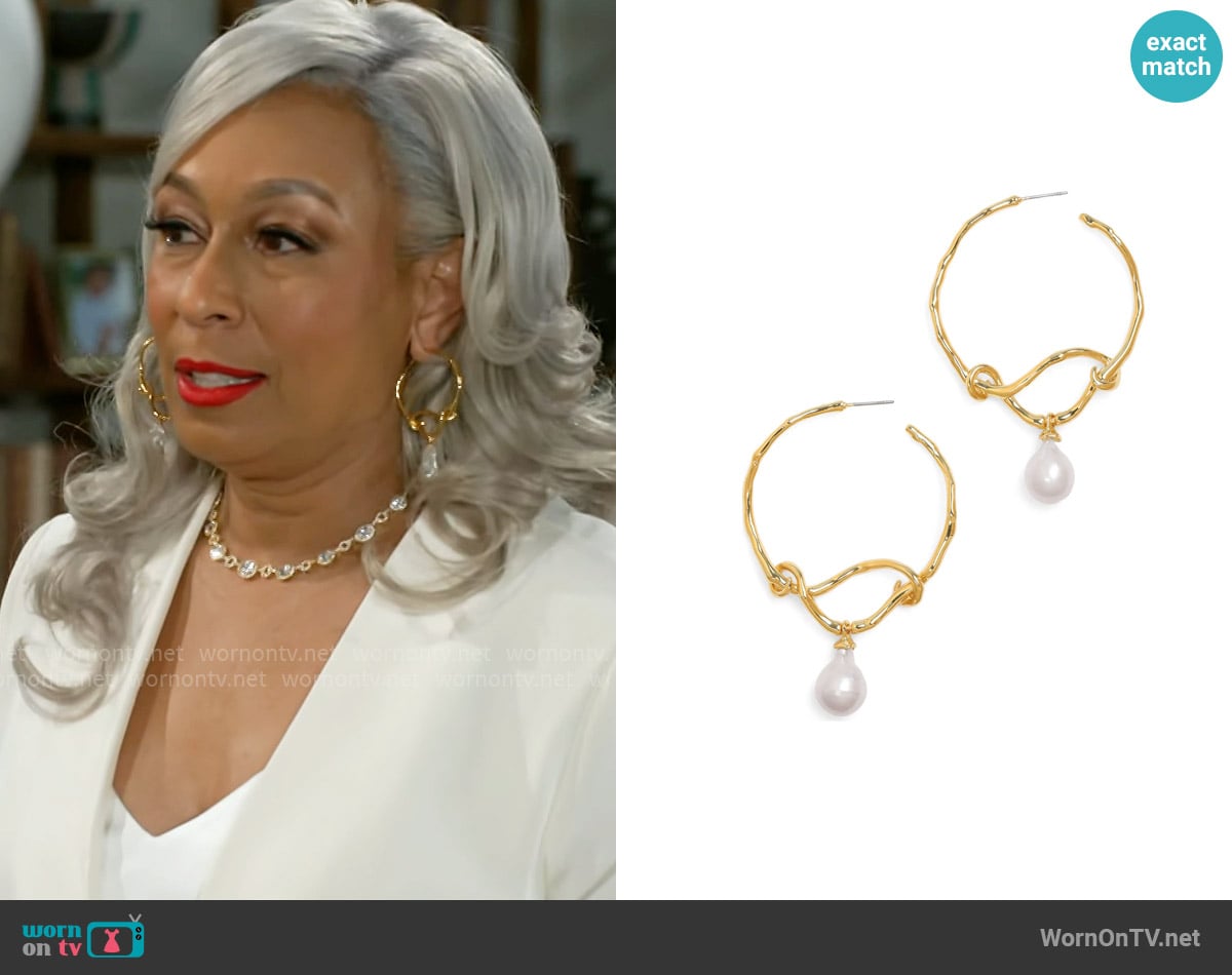 Alexis Bittar Twisted Pearl Drop Hoop Earrings worn by Anita Dupree (Tamara Tunie) on Beyond the Gates