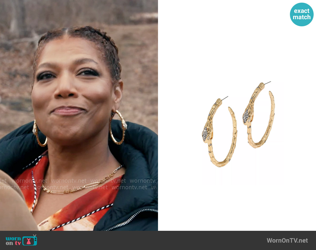 Alexis Bittar Serpent 14K-Gold-Plated & Glass Crystal Hoop Earrings worn by Robyn McCall (Queen Latifah) on The Equalizer