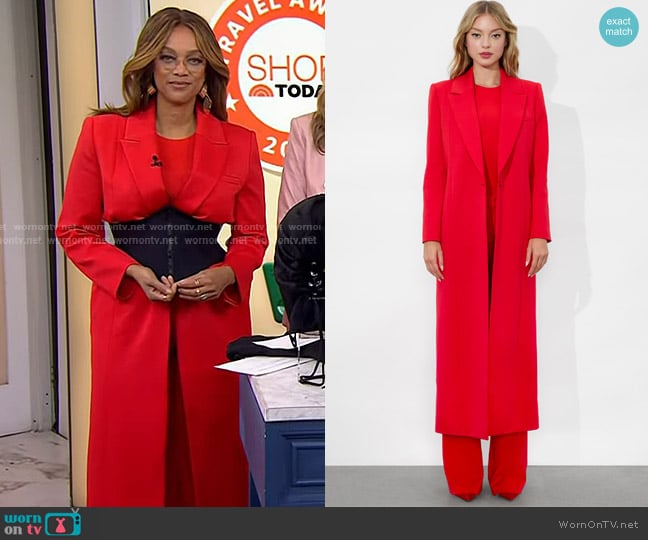Alice + Olivia Colley Long Blazer in bright ruby worn by Tyra Banks on Today