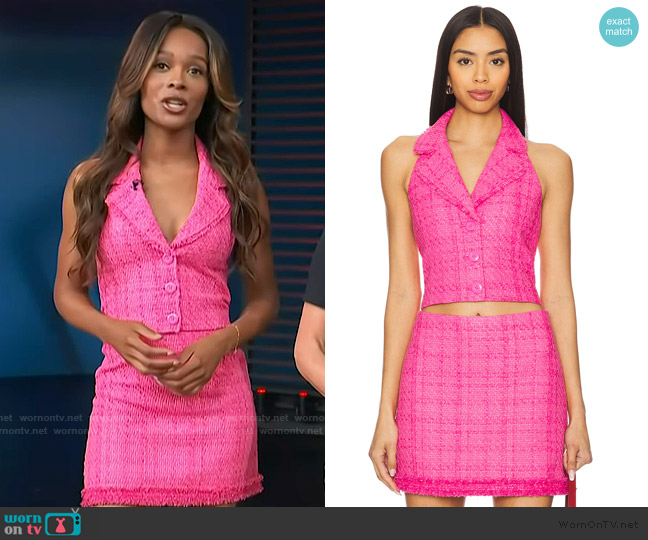 Alice + Olivia Meri Tweed Cropped Halter Top worn by Zuri Hall on Access Hollywood