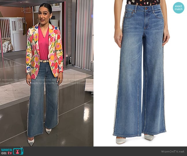 Alice + Olivia Trish Baggy Jeans in Romy Dark Vintage Blue worn by Morgan Radford on NBC News Daily