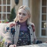 Alice’s flower print cardigan and chicken print overalls on Grosse Pointe Garden Society