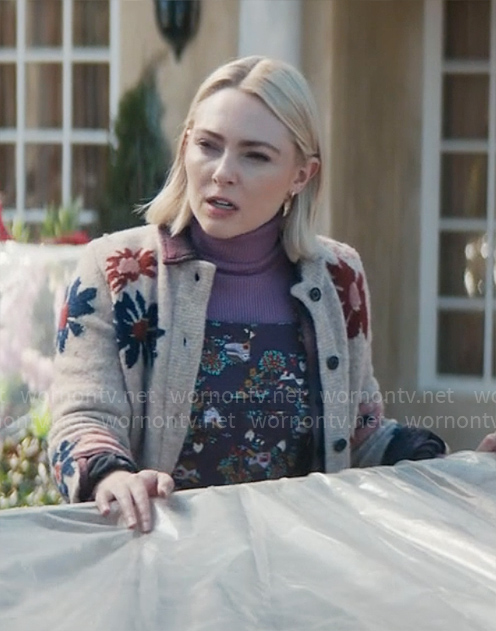Alice’s flower print cardigan and chicken print overalls on Grosse Pointe Garden Society