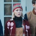 Alice’s burgundy flower applique cardigan on Grosse Pointe Garden Society