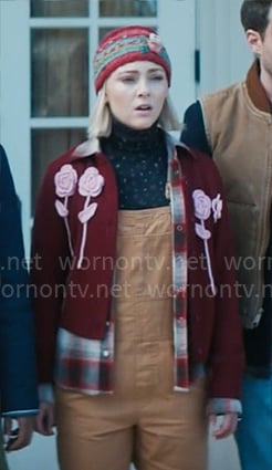 Alice’s burgundy flower applique cardigan on Grosse Pointe Garden Society