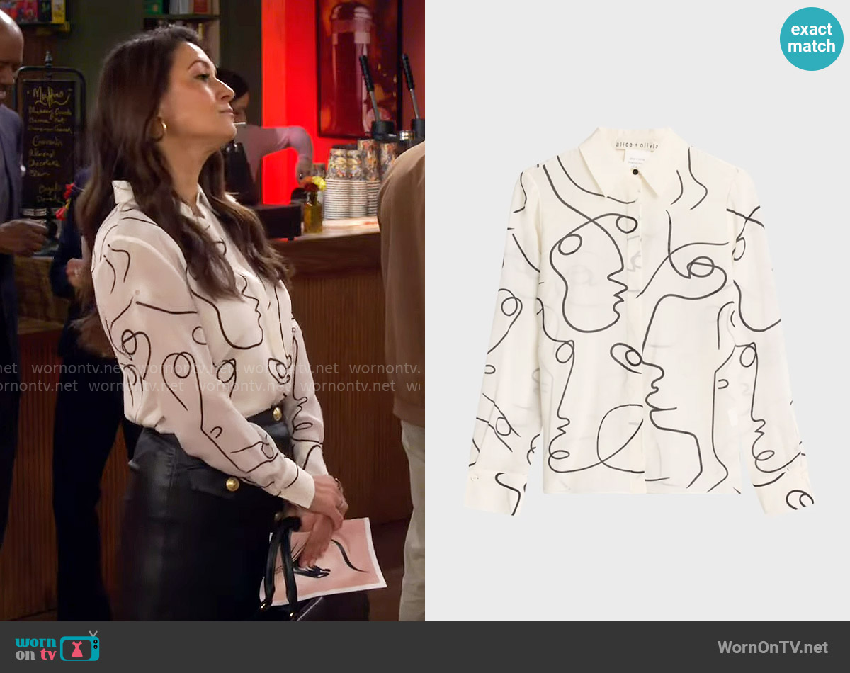 Alice + Olivia Brady Slim Button-Front Silk Shirt worn by Lisa Chatsworth (Angelique Cabral) on The Neighborhood