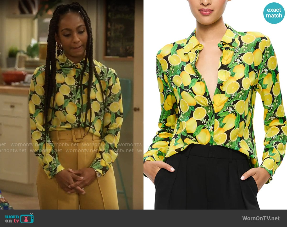 Alice + Olivia Willa Shirt in Lemon Tree worn by Nina (Tetona Jackson) on Poppas House