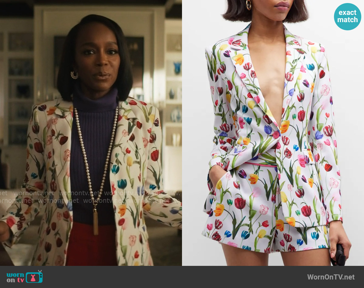 Alice + Olivia Macey Tulip-Printed Satin Crepe Blazer worn by Catherine (Aja Naomi King) on Grosse Pointe Garden Society