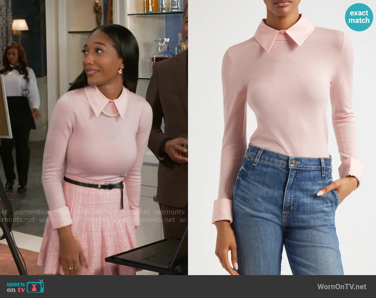 Alice + Olivia Porla Sweater in Shell Pink worn by Samantha Richardson (Najah Jackson) on Beyond the Gates